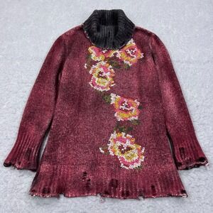 Avant Toi Sweater Womens *Small Distressed Turtleneck Rose Embroidery Burnout